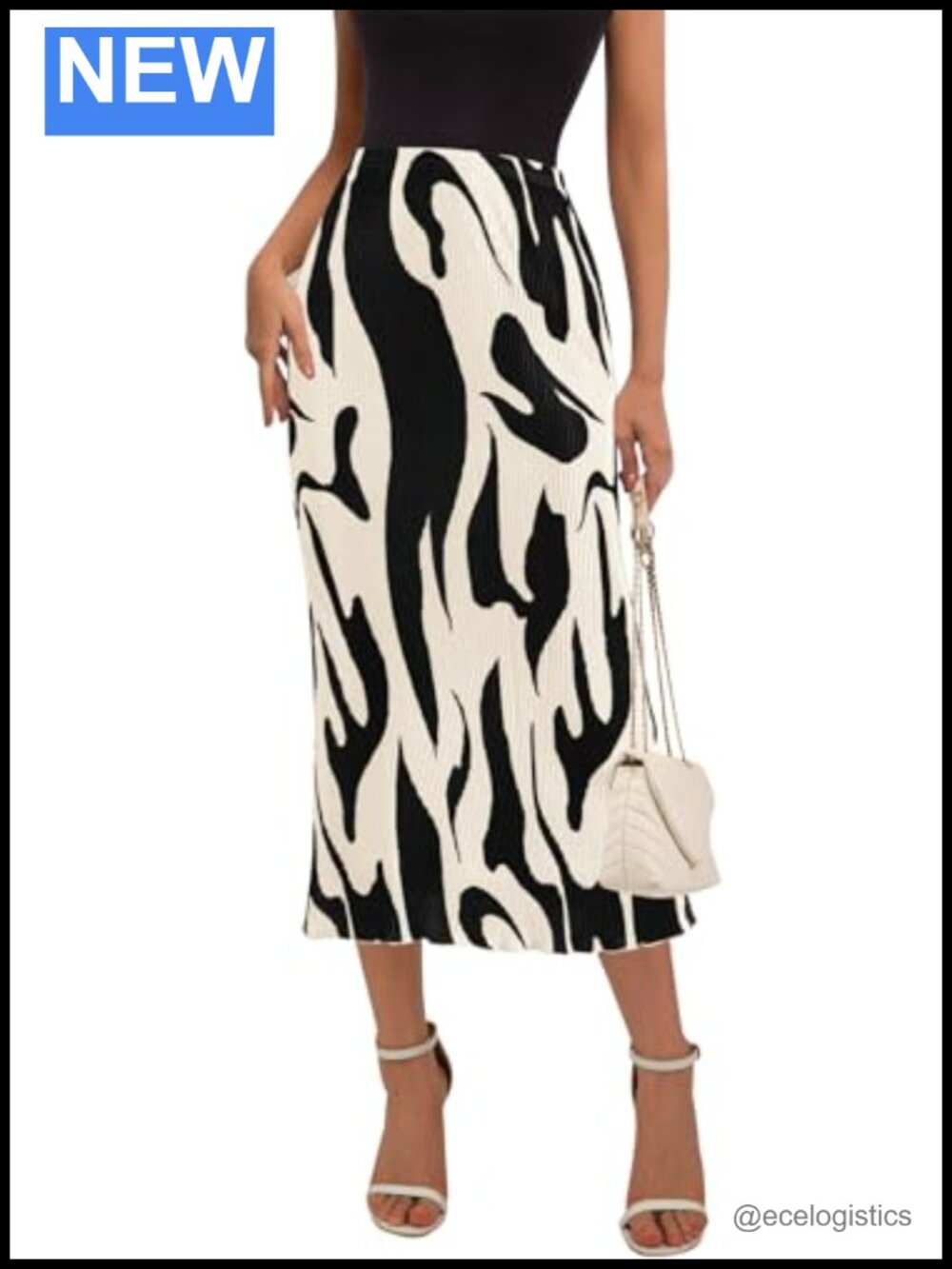 Pleated Midi Skirt High Waist Graphic Print A-Line Ruffle